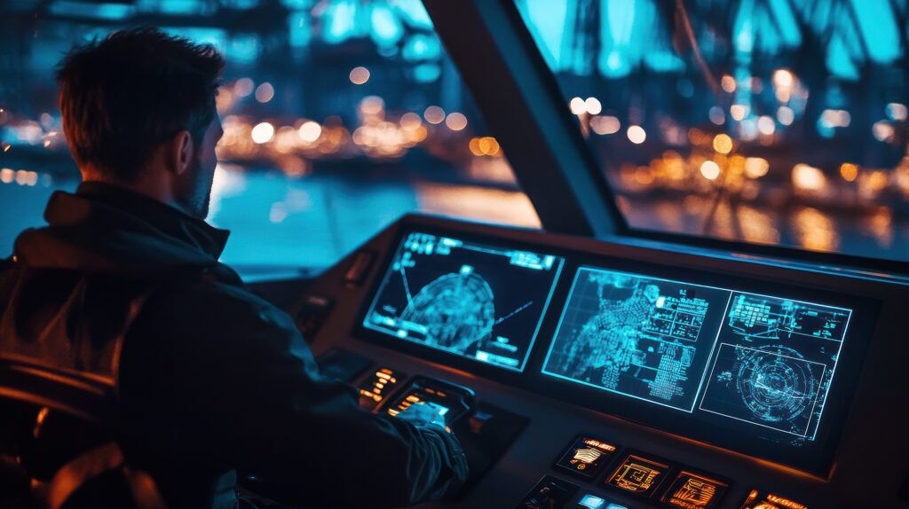 Stock image of a man at a boat's helm at night