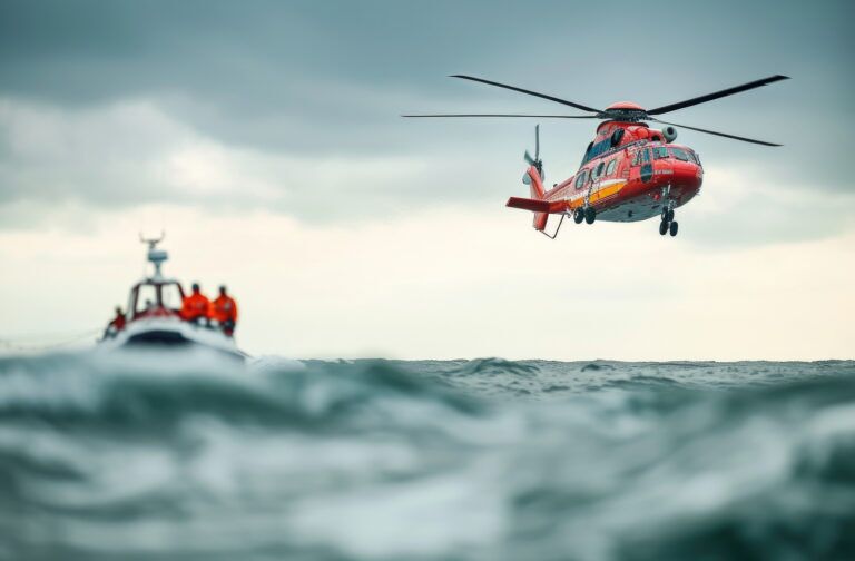 A red rescue helicopter flies over a lifeboat in stormy seas
