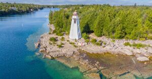 A Big Tub Lighthouse. seen from the air in Tobermory, Ontario, Canada
