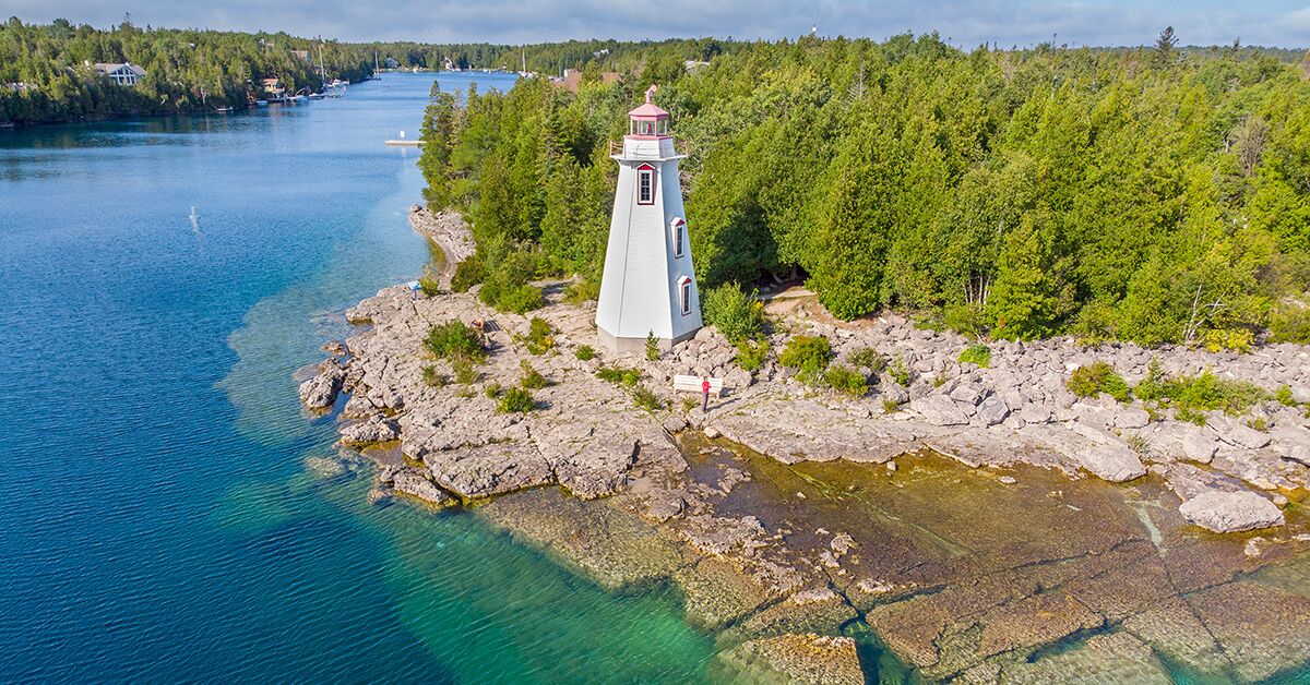 A Big Tub Lighthouse. seen from the air in Tobermory, Ontario, Canada