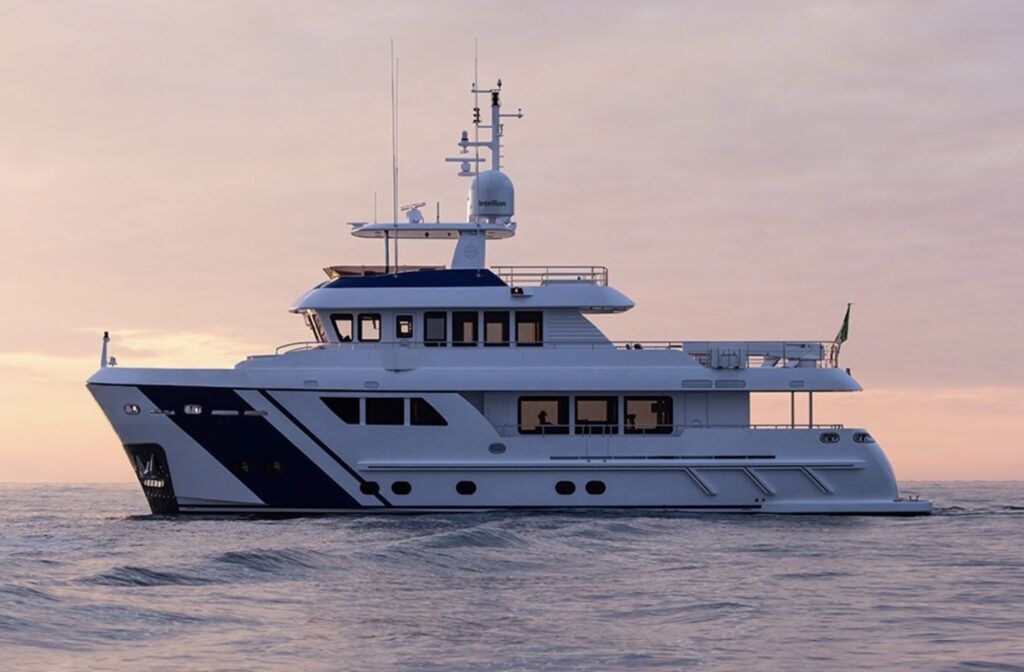 Expedition yacht at sunset