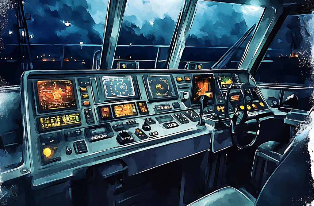 This illustration depicts the view from the bridge of a ship at night. The city lights are visible in the distance, and the helm and controls are visible in the foreground. The image is painted in a watercolor style.
