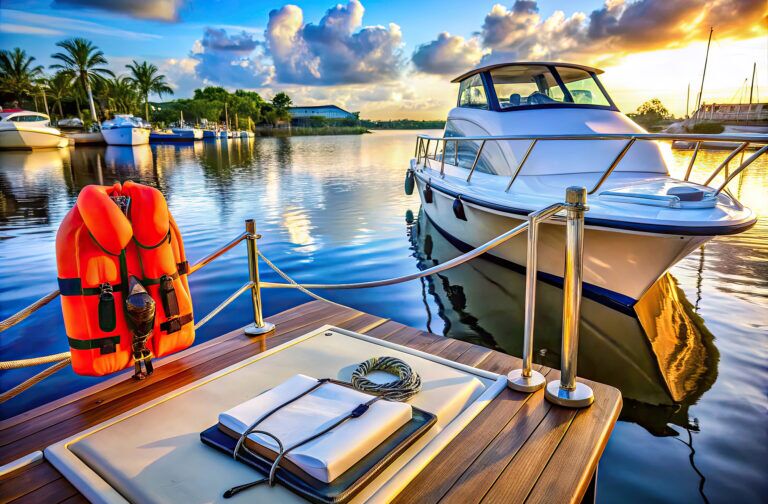A sleek boat docked in a Florida marina with a captain's log and safety equipment checklist on a clipboard, surrounded by life jackets and flares.